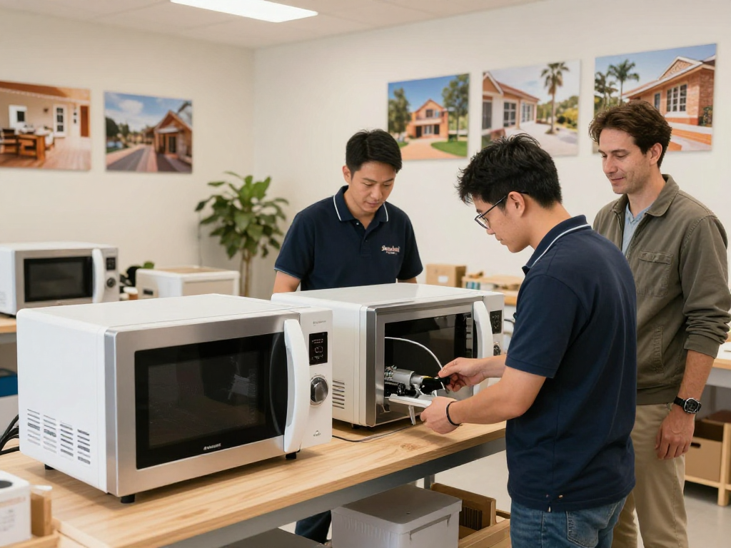 Shashel trusted provider demonstrating microwave equipment in a local service workshop.