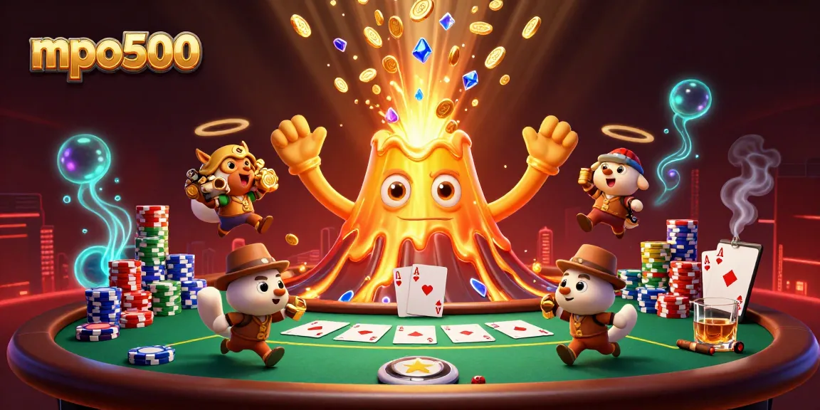 Experience the thrilling mpo500 platform with a vibrant 3D illustration featuring poker elements and treasure excitement.