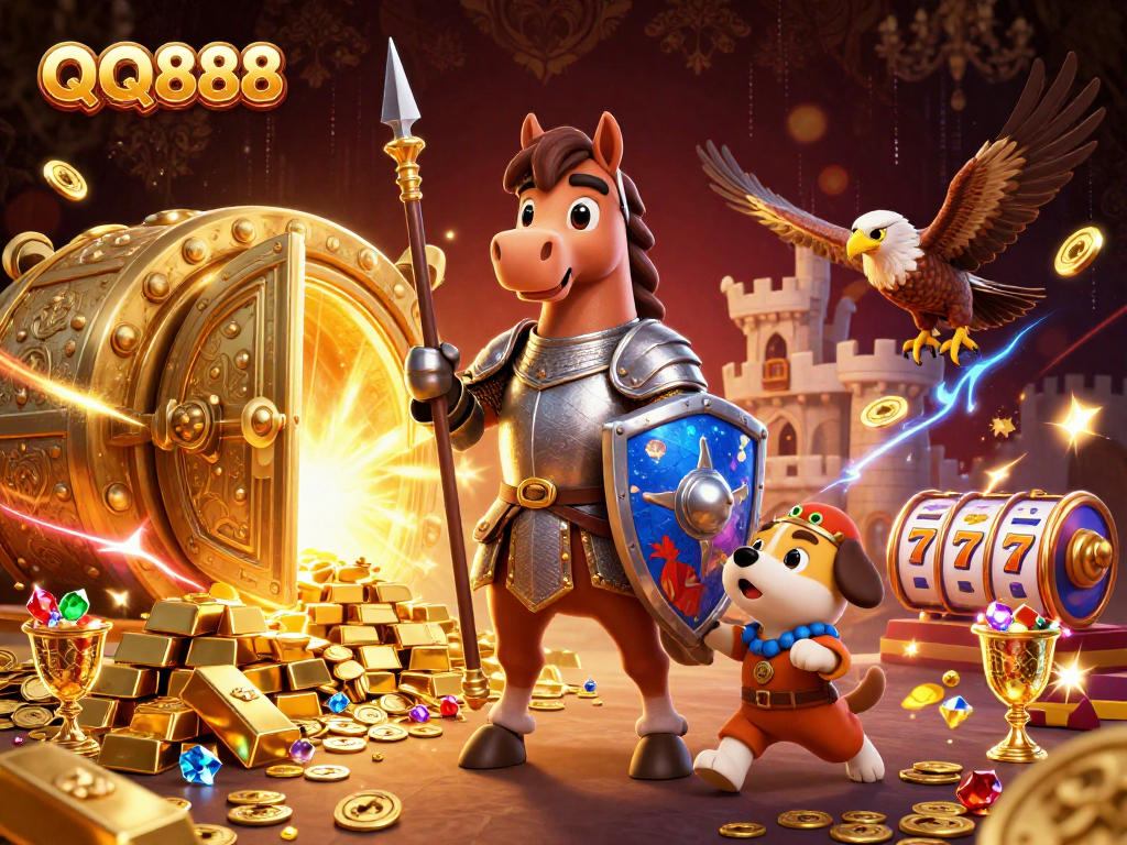 Join the action at QQ888 with a vibrant scene showcasing a medieval knight, squire puppy, and falcon amidst gold treasures and slot reels.