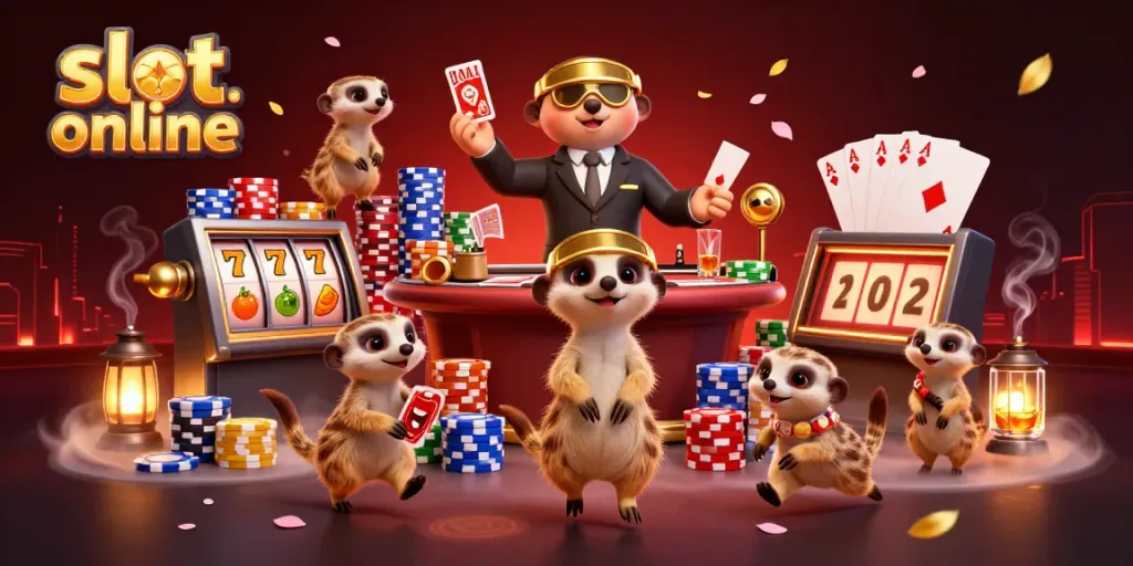 Experience thrilling gameplay with this colorful scene of a lively meerkat casino operation featuring slot online excitement.