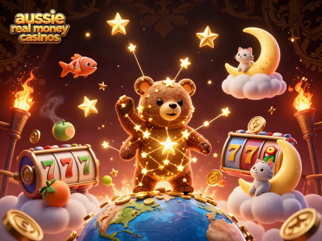 Explore aussie real money casinos with a dazzling 3D illustration featuring a constellation bear, lucky symbols, and a gold-infused night.