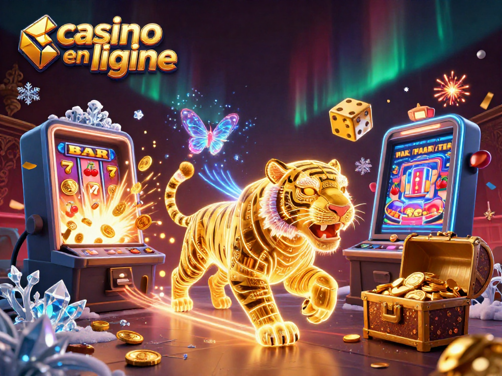 Jouez à casino en ligne avec un tigre doré 3D et des machines à sous scintillantes.