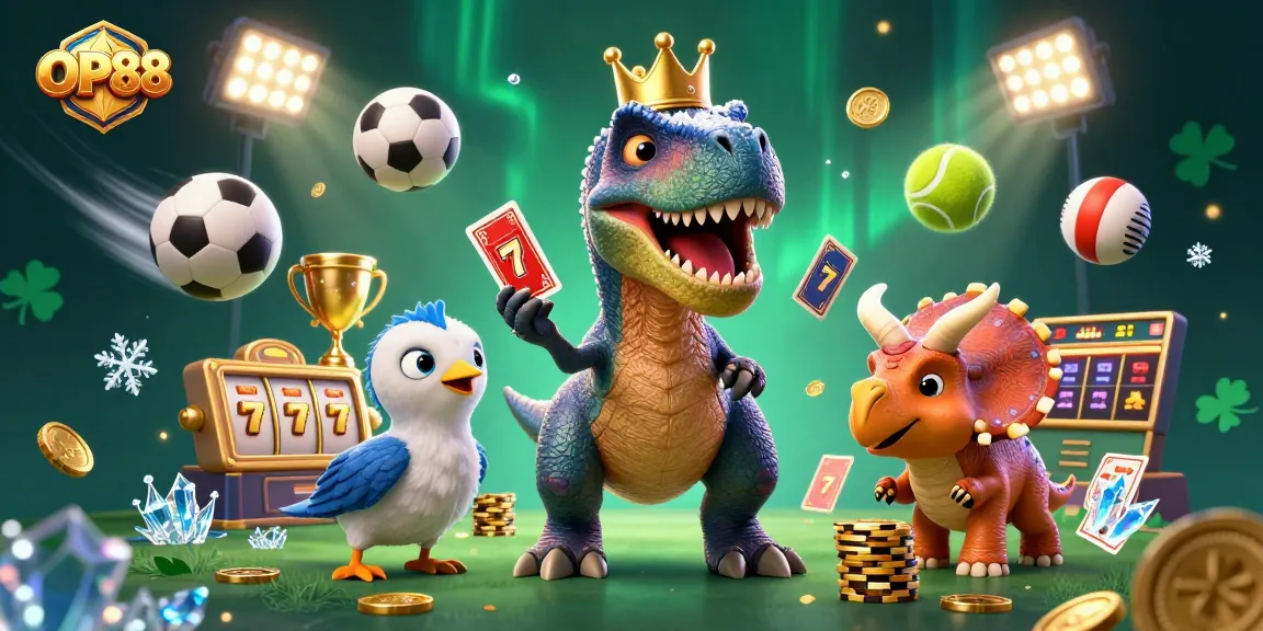 Join the fun at OP88 with a T-Rex shuffling cards and a baby triceratops stacking chips!