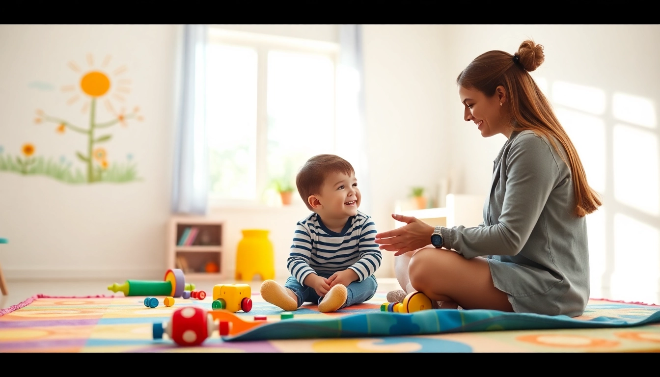 Engaging therapist providing ABA services with a child in a vibrant, welcoming space.