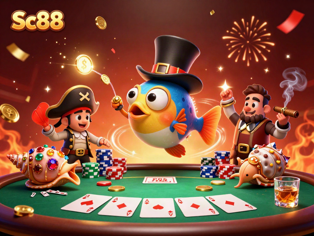 Join Sc88 for an exciting poker game with friends and glowing treasures, capturing lively casino energy.