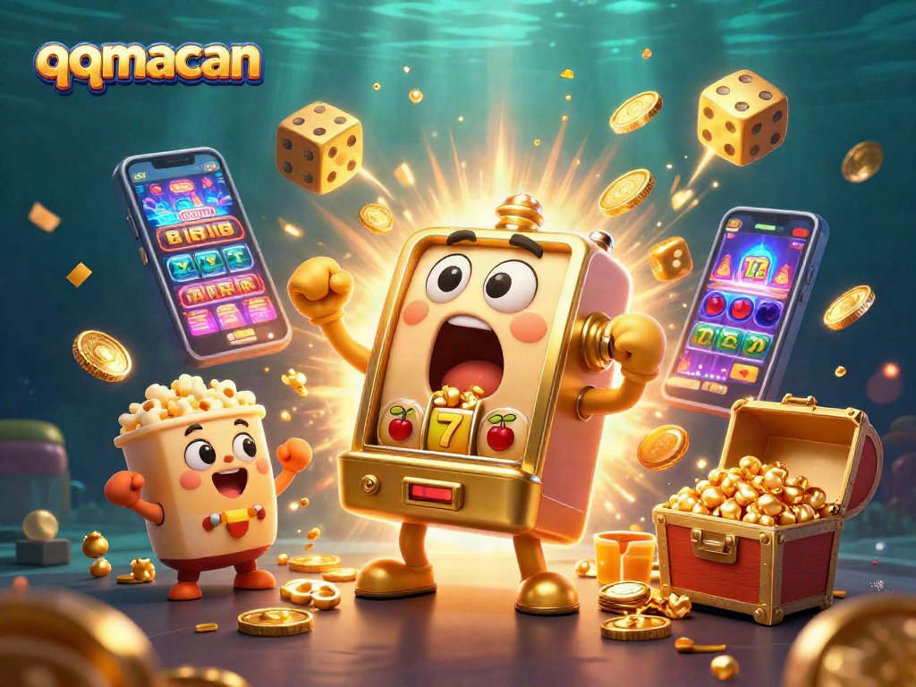 Win big with qqmacan as the golden slot machine hits a jackpot with coins pouring out.