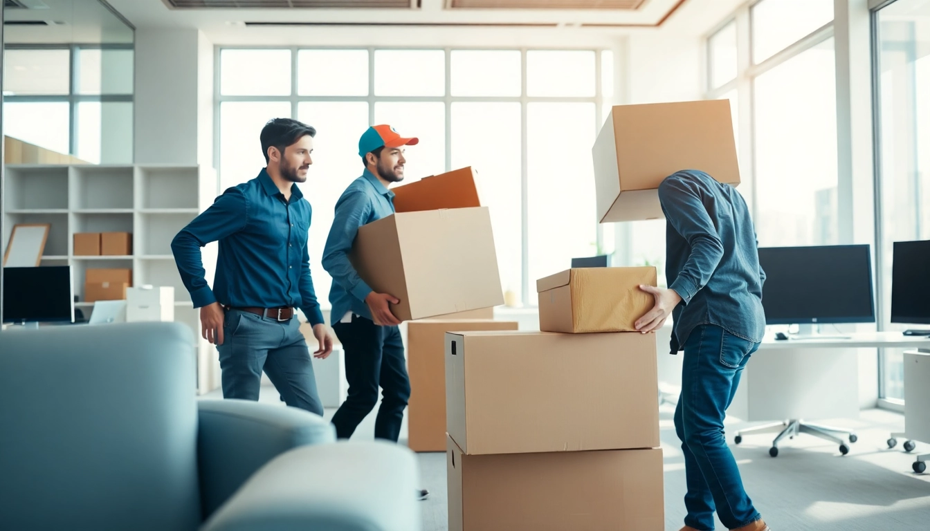 Efficient Office Moving Services NYC crew relocating office equipment in a bright setting.