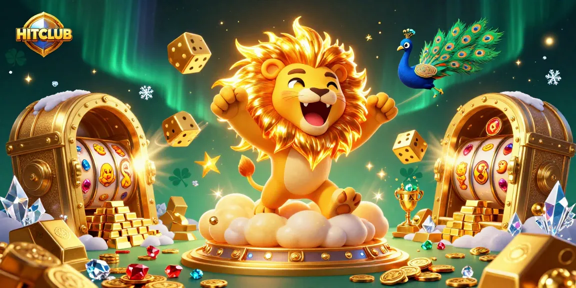 Engage with HITCLUB's vibrant atmosphere featuring the sun lion and dazzling casino elements.
