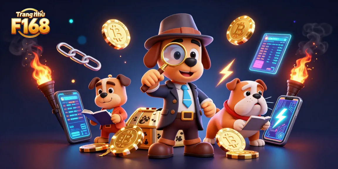 Explore Trang chủ F168 with a detective uncovering clues among poker chips and cryptocurrency elements.