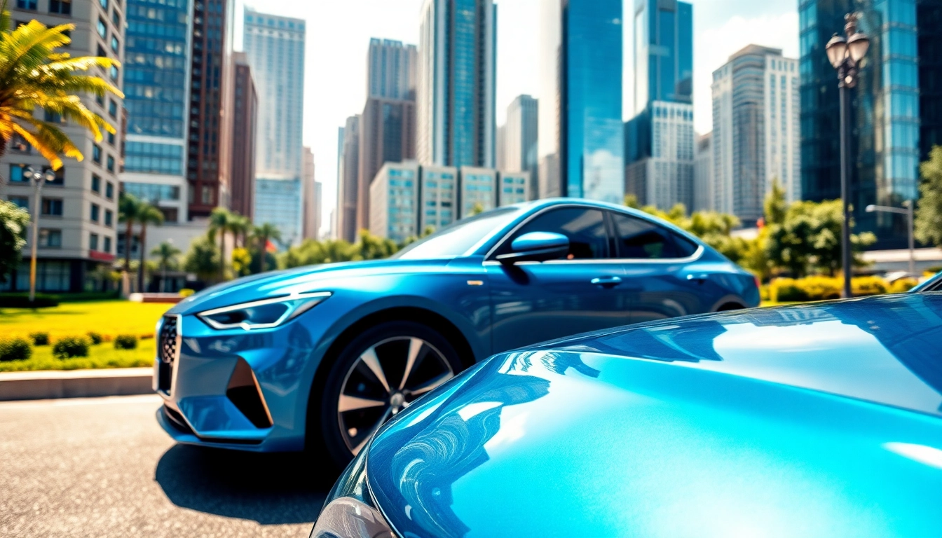 Buy New Car shining brightly in an urban setting with modern architecture.