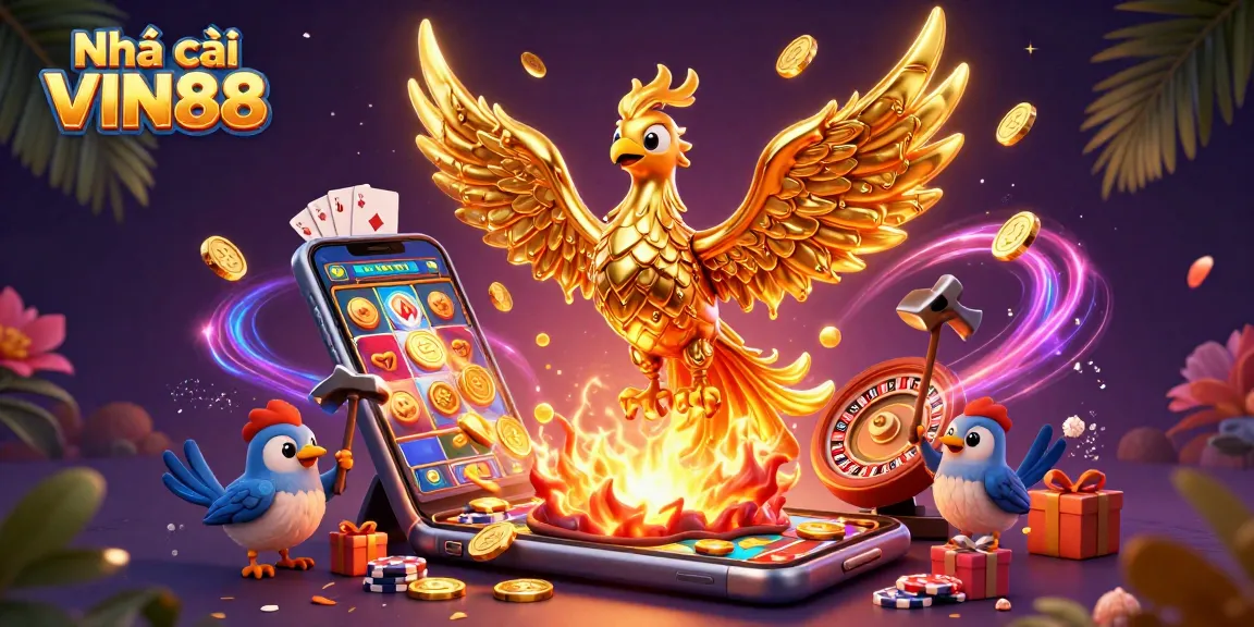 Experience exciting gameplay at Nhà cái VIN88 with a dynamic illustration of casino elements.