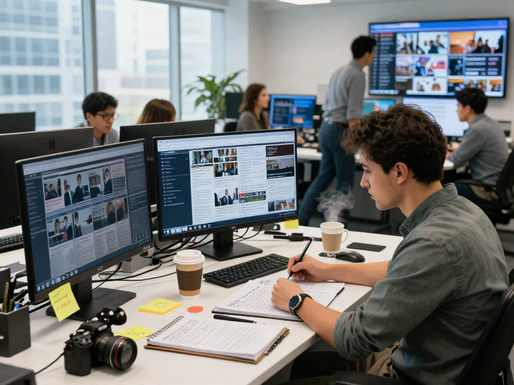 Journalist reviewing news for elligilgal.com in modern editorial office
