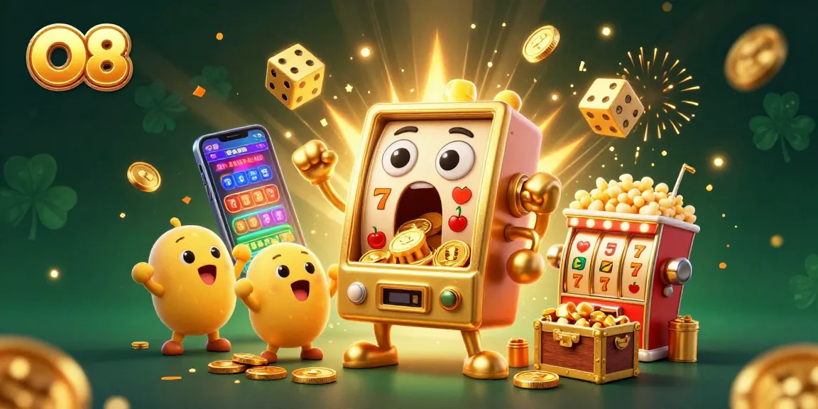 Engage with O8's vibrant gaming world as the animated slot machine hits a jackpot surrounded by celebration.