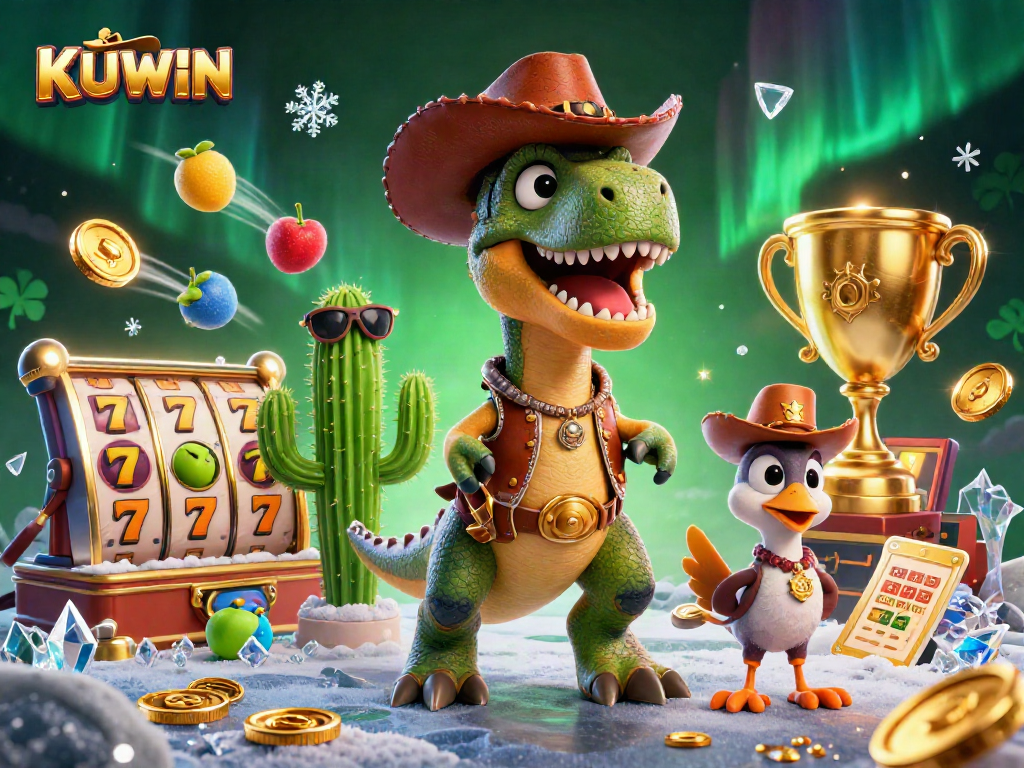Engage in thrilling gaming action with KUWIN, showcasing dynamic slots and captivating characters.