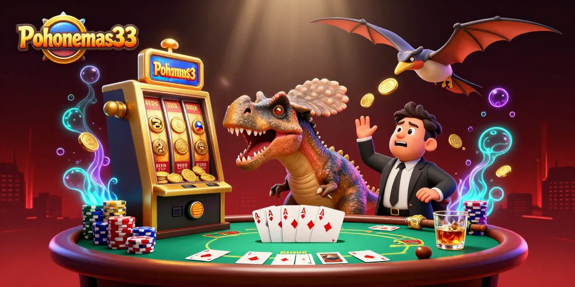 Pohonemas33 brings excitement as a cartoon dinosaur interacts with a golden slot machine in a vibrant casino scene.