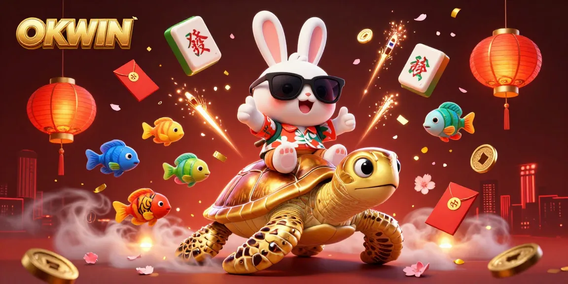 Experience top entertainment with OKWIN featuring a lucky rabbit and golden sea turtle amidst vibrant casino elements.