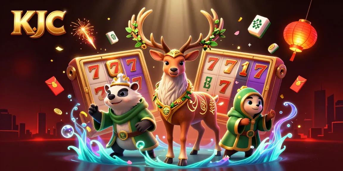 Experience KJC's magical gaming world with druid stag, badger, and floating slot machines.