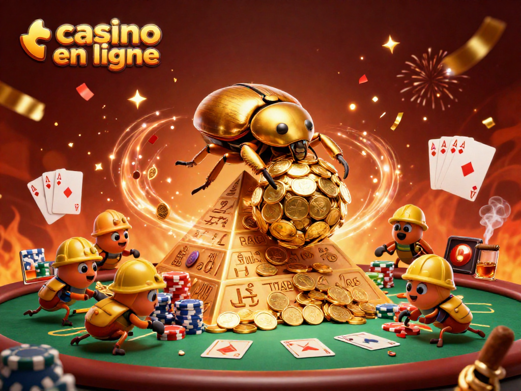 Illustration dynamique de casino en ligne avec un scarabée doré, symboles de jeu et cartes de poker.