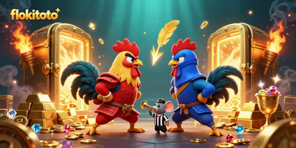 Engage in exciting action with the twin fighting roosters at flokitoto amidst dazzling treasures.