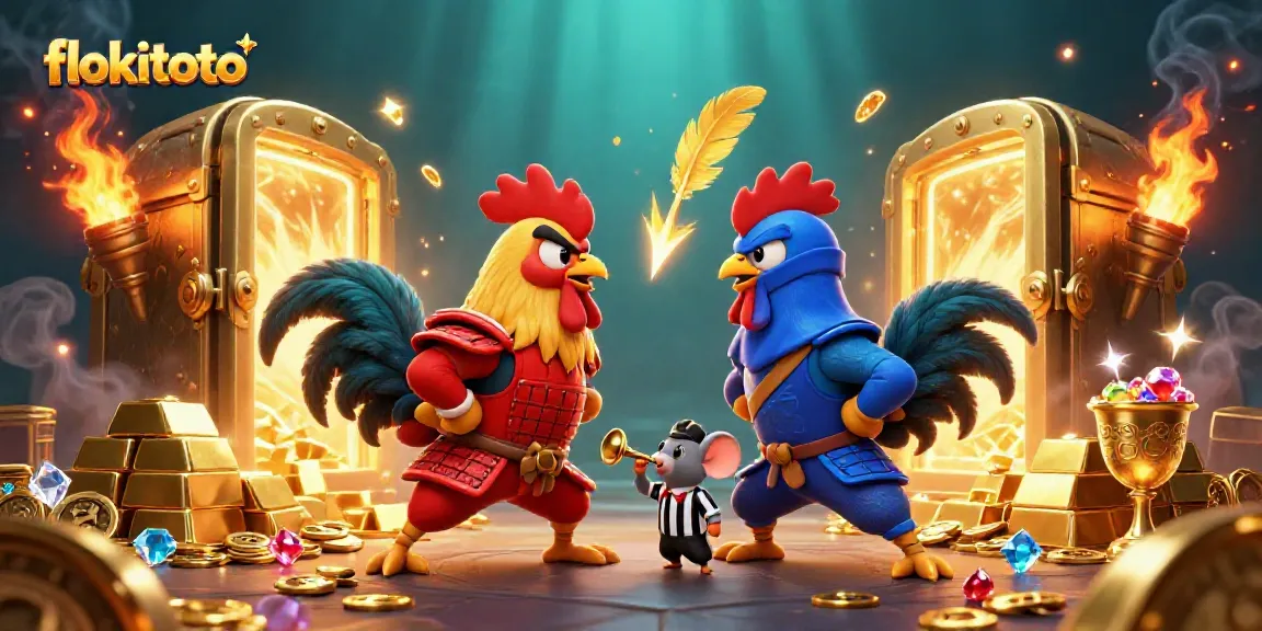 Engage in exciting action with the twin fighting roosters at flokitoto amidst dazzling treasures.