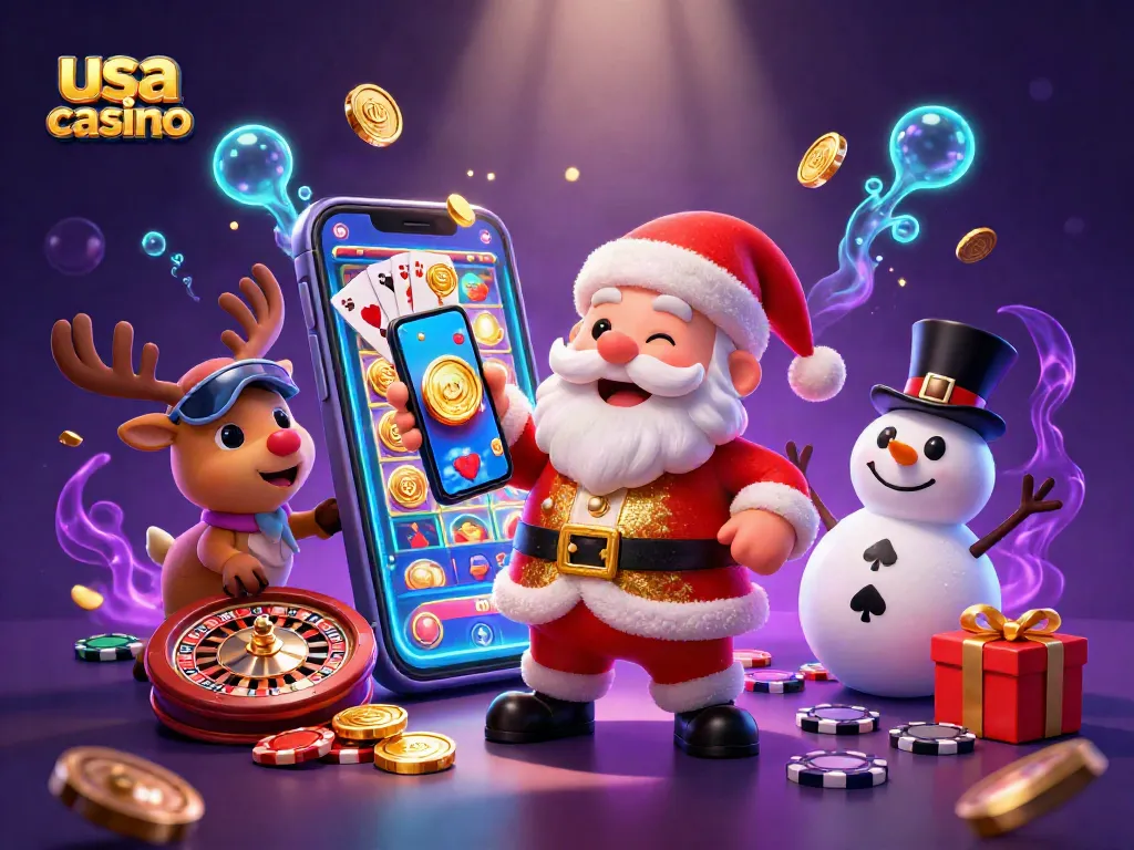 Experience thrilling games at usa casino with Santa, his reindeer dealer, and a poker chip snowman.