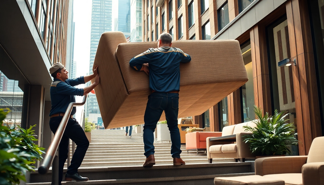 Sofa removal team expertly handling a large couch with urban backdrop.