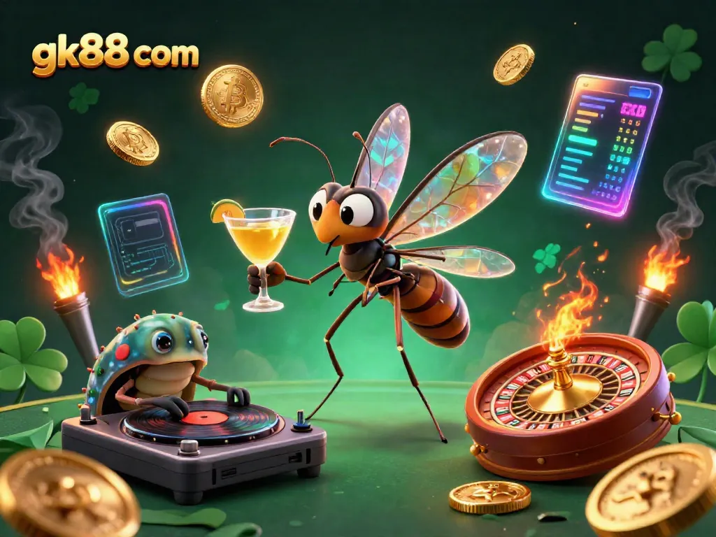 Join the excitement at gk88 com with a festive casino scene featuring a lively mosquito mascot, trilobite DJ, and golden roulette wheel.