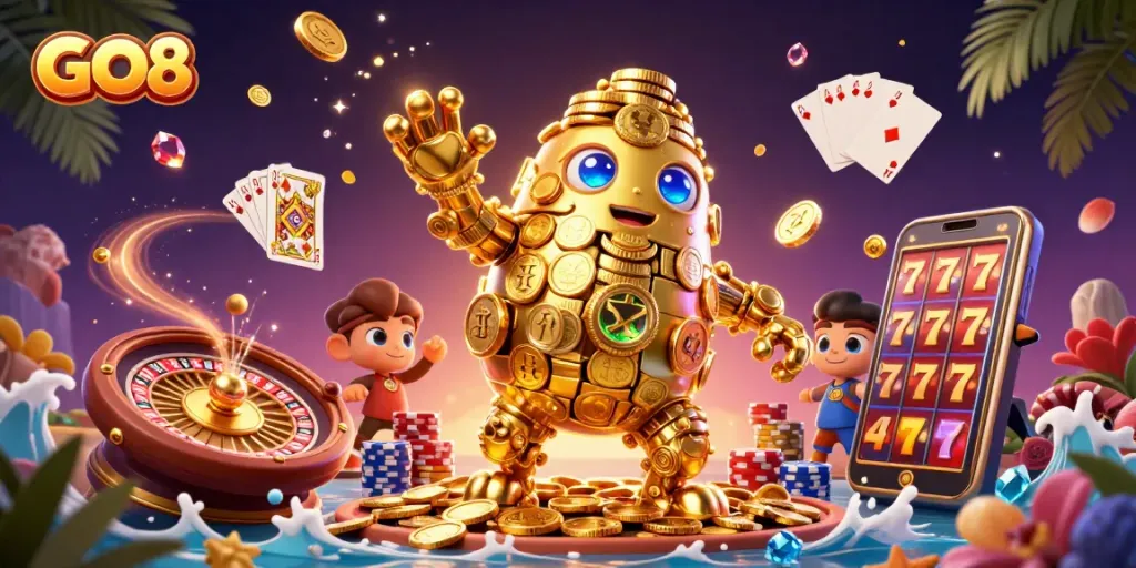 Experience the GO8 excitement with dynamic casino elements and a golden golem in action.