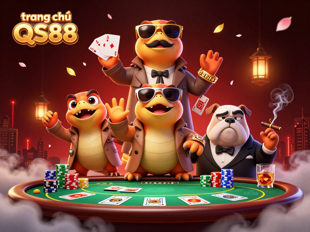 Experience the dynamic action of trang chủ QS88 with raptors in disguise at a poker table, ready to win.