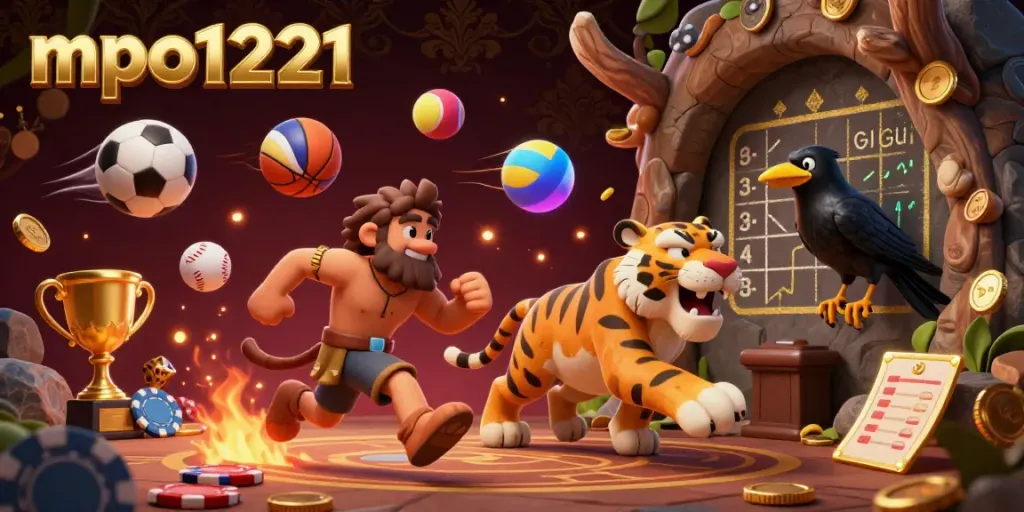 Experience mpo1221 at a vibrant prehistoric casino with caveman gaming elements.