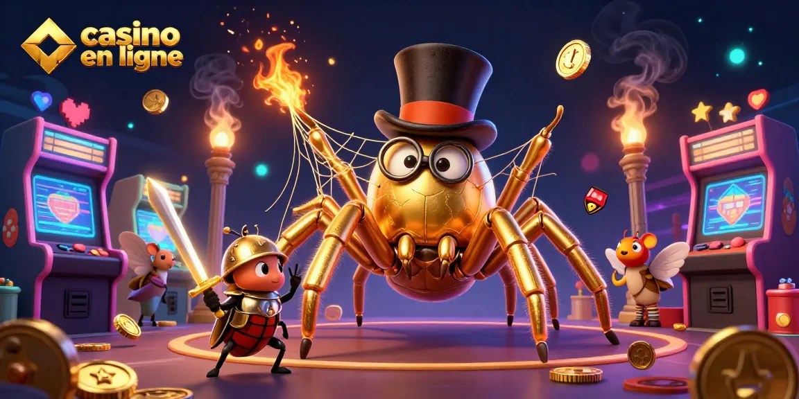 Un casino en ligne vibrant avec une tarentule dorée et un chevalier scarabée dans une scène dynamique animée.