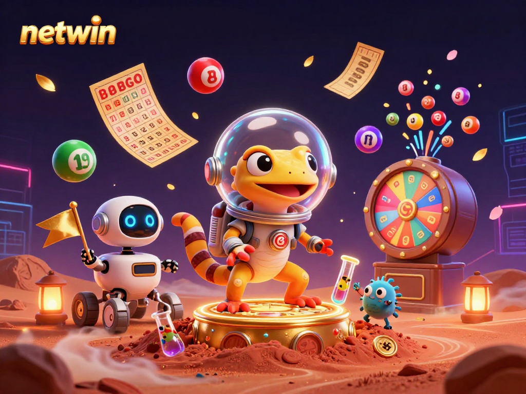 Experience netwin's dynamic online casino adventure with a Martian gecko and vibrant gaming elements.