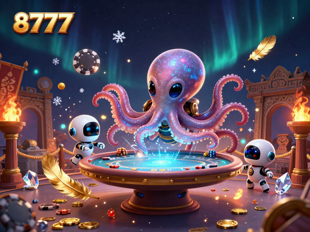 Experience the excitement of 8777 with an alien octopus operating a holographic poker table amidst vibrant cosmic scenery.