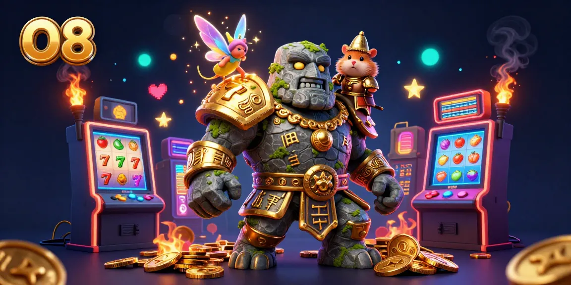 O8 showcases a vibrant scene of a golem, fairy, and hamster knight in a casino setting.