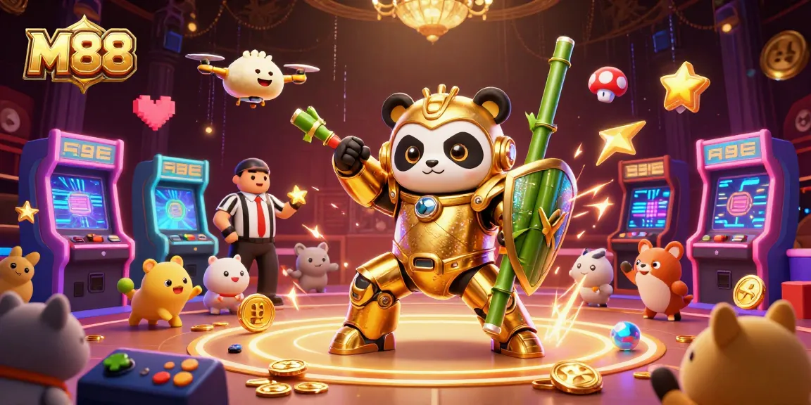 M88 presents an action-packed cockfighting scene featuring a mech-suit panda battling in a vibrant arena.
