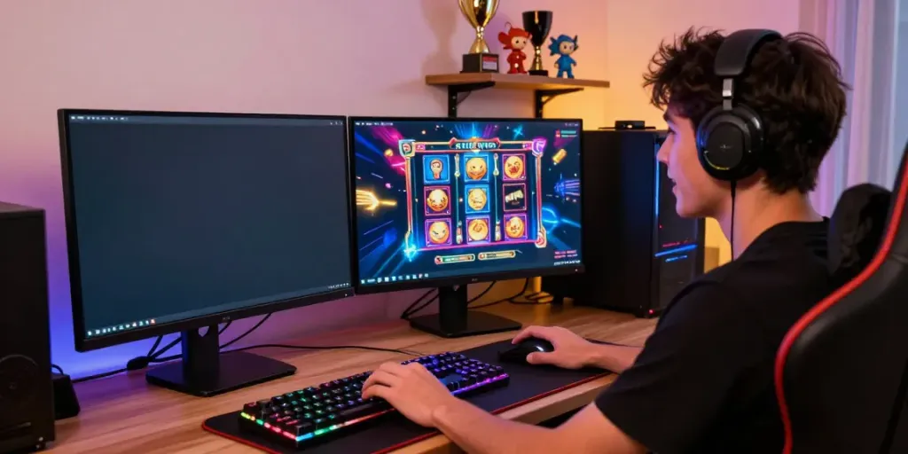 Player immersed in situs slot gacor gaming experience with vibrant screens and gaming accessories.