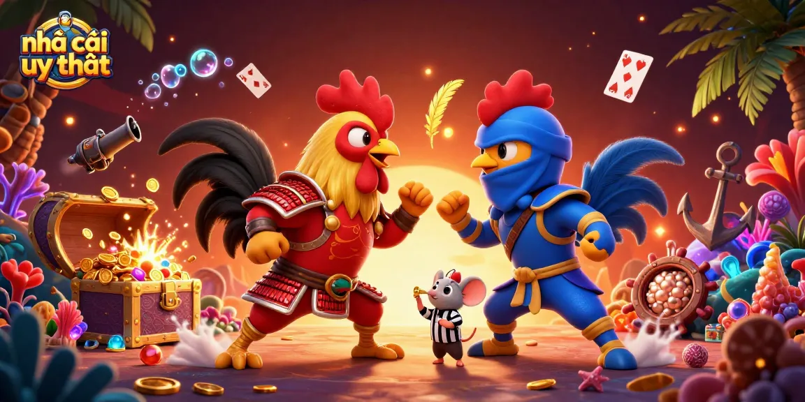 Engage with nhà cái uy tín through a vibrant scene of fighting roosters, showcasing intense action and rich rewards.