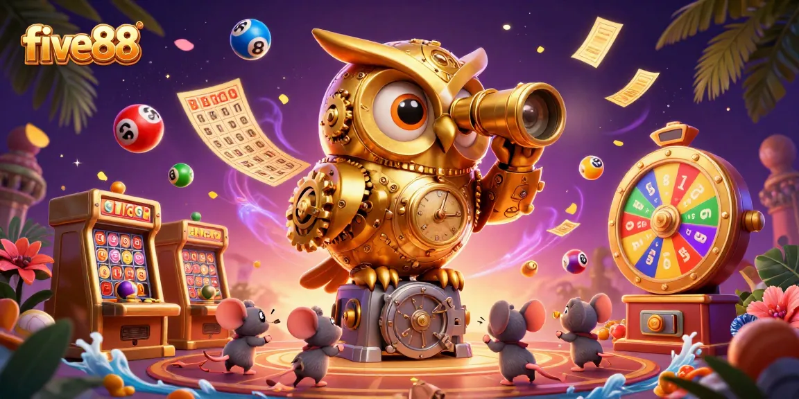 Experience the excitement of five88 with a lively casino scene featuring a clockwork owl and games.