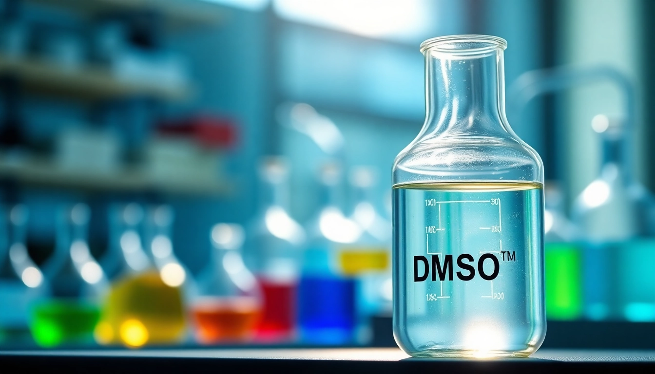 Dimethyl sulfoxide displayed in a laboratory setting with vibrant laboratory equipment.