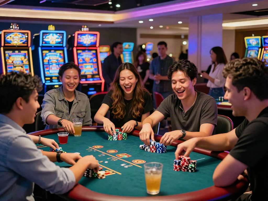 People enjoying the exciting atmosphere at a kebuntoto gaming table surrounded by colorful neon lights.