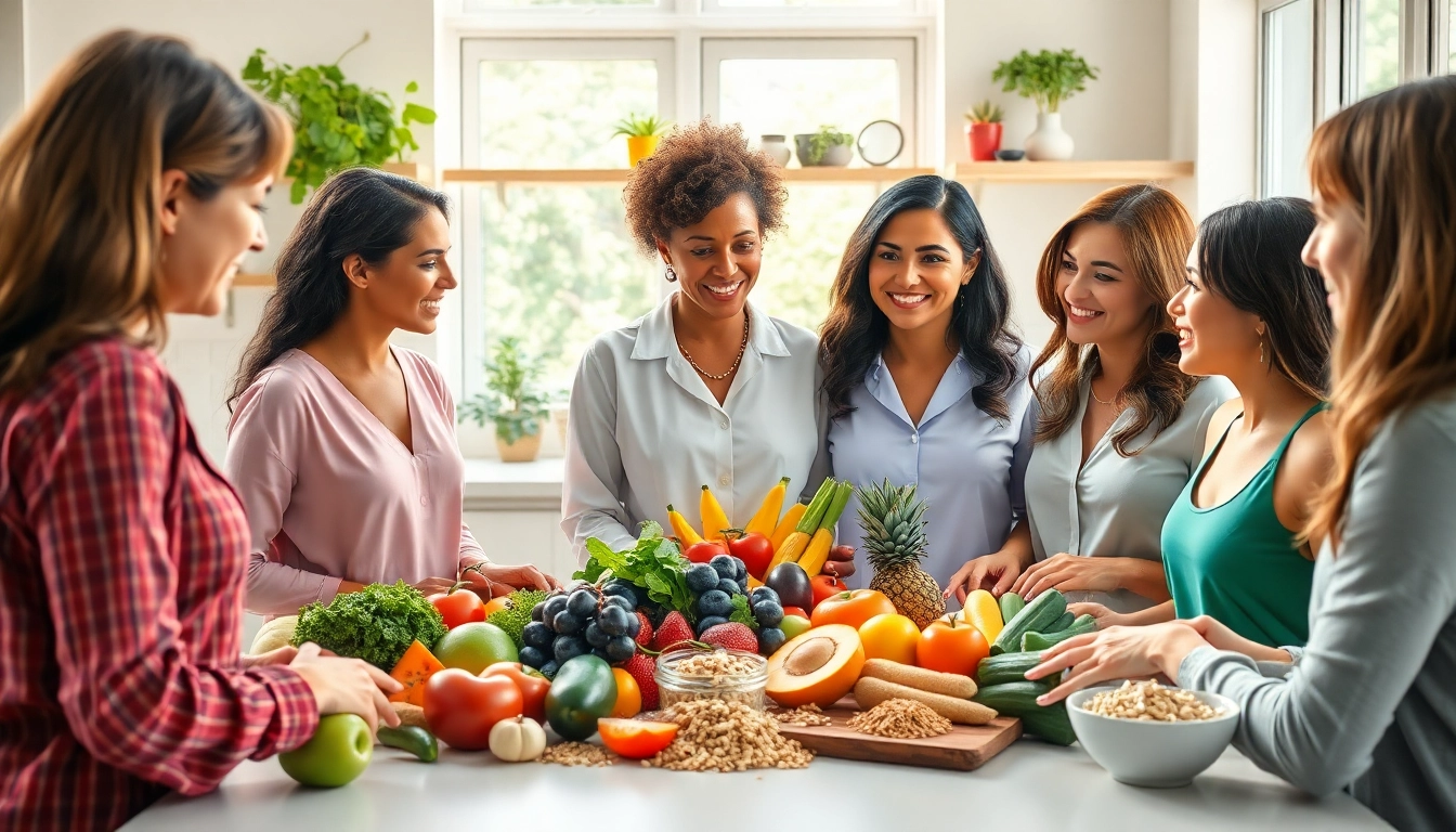 Group of women sharing insights on Perimenopause diet in a bright kitchen with colorful foods.