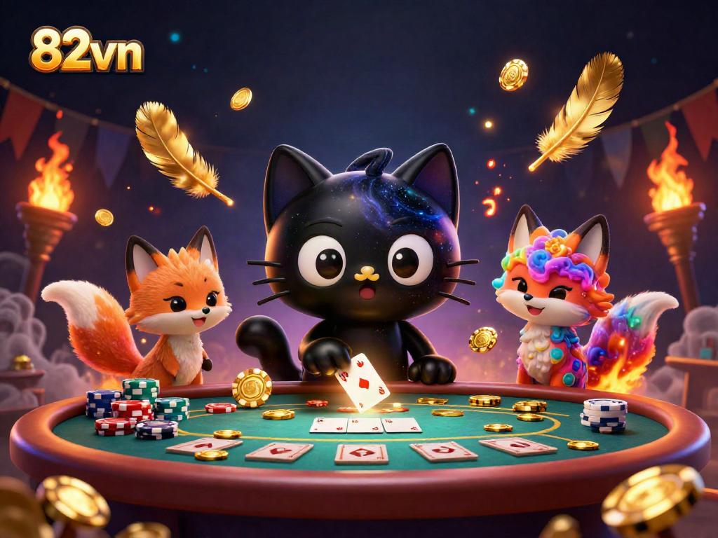 Experience cosmic gaming at 82vn with a black hole cat and a nebula fox in a vibrant casino