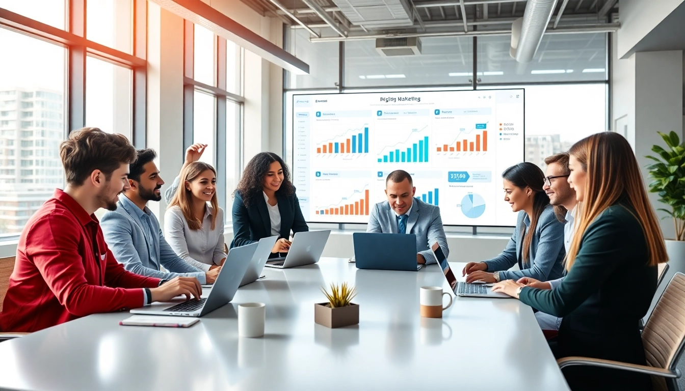 ai marketing team collaborating actively in a modern office setting.