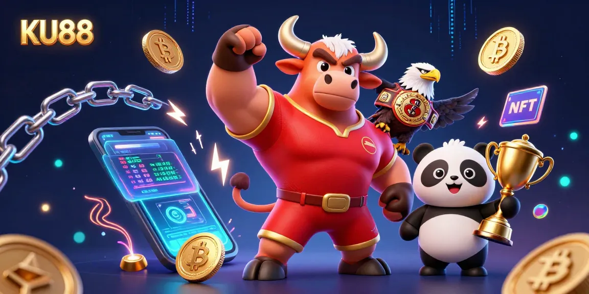 Win big at KU88 casino with a vibrant scene of animated mascots celebrating victory and cryptocurrency elements.