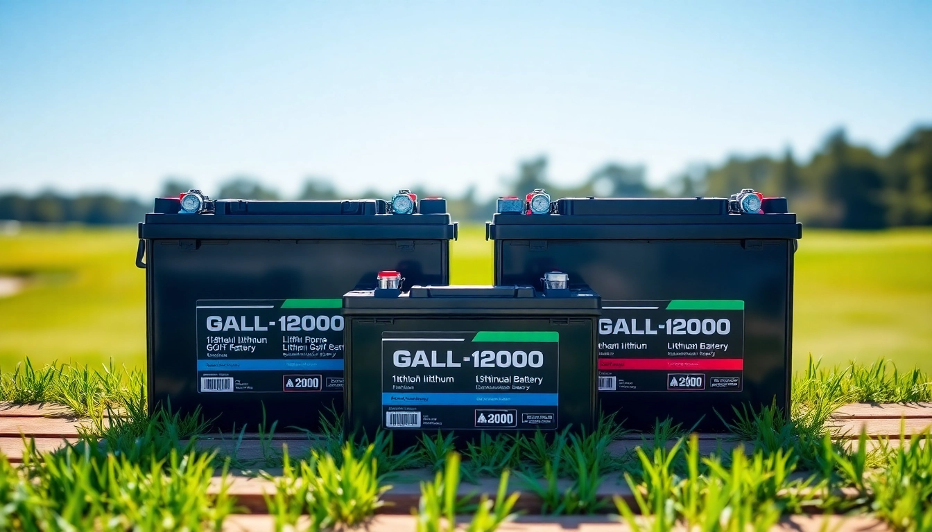 Lithium golf cart batteries showcased on a table surrounded by green grass and blue skies, highlighting their advanced features.