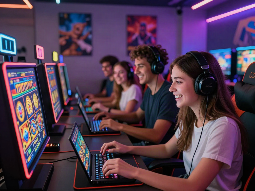 Pemain menikmati pengalaman game slot777 dengan ceria di gaming lounge modern.