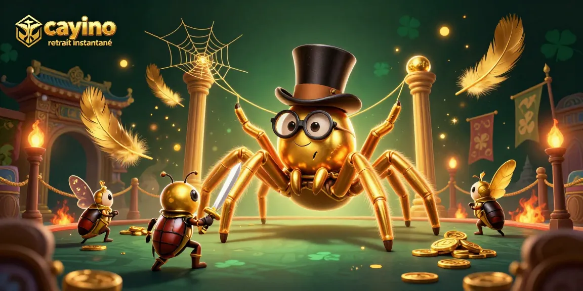 Retrait instantané au casino crypto : image animée d'une araignée dorée et d'un chevalier percevant des gains.