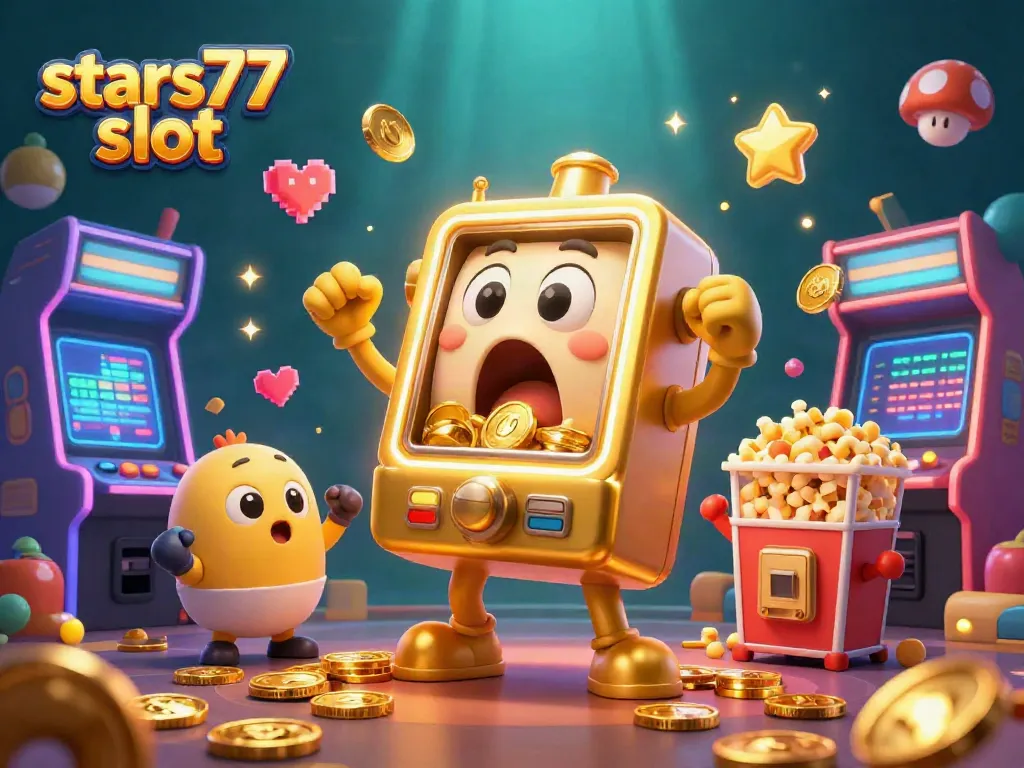 Permainan slot stars77 slot dengan mesin slot emas yang terkejut jackpot, koin berhamburan.
