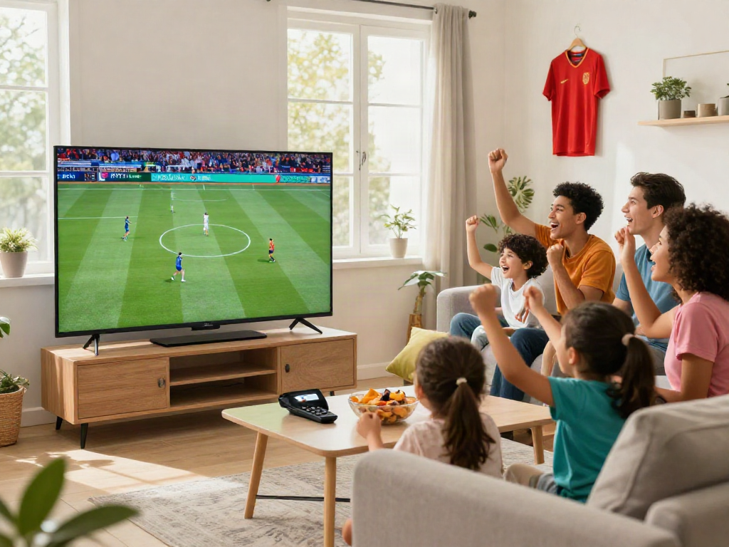 Family enjoying sports streaming on digitaline iptv in a cozy living room.