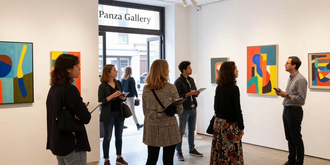Art enthusiasts exploring Panza Gallery, admiring contemporary artworks in a vibrant, welcoming atmosphere.